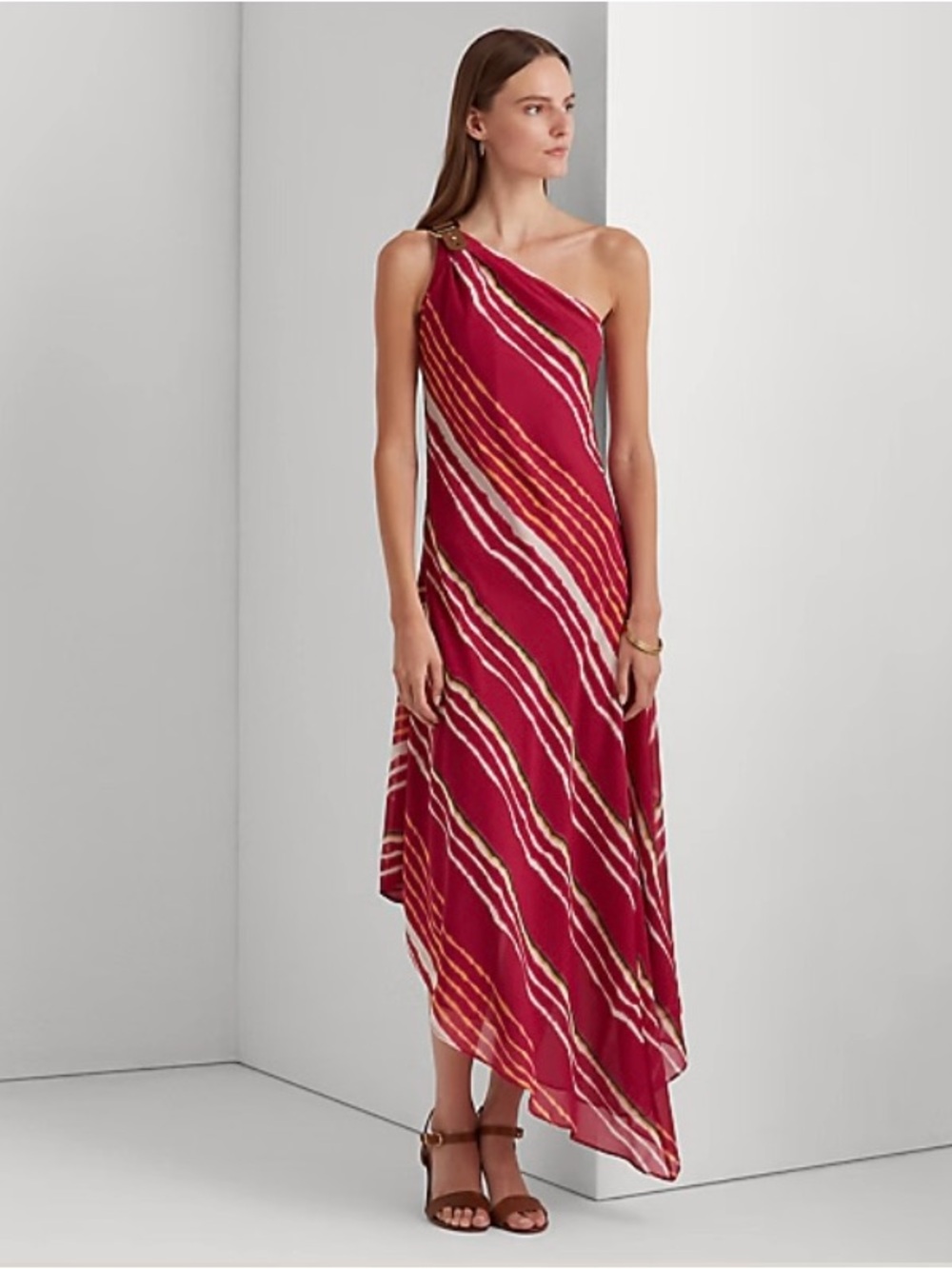 Ralph Lauren One-Shoulder Striped Asymmetrical Dress - Berry Multi